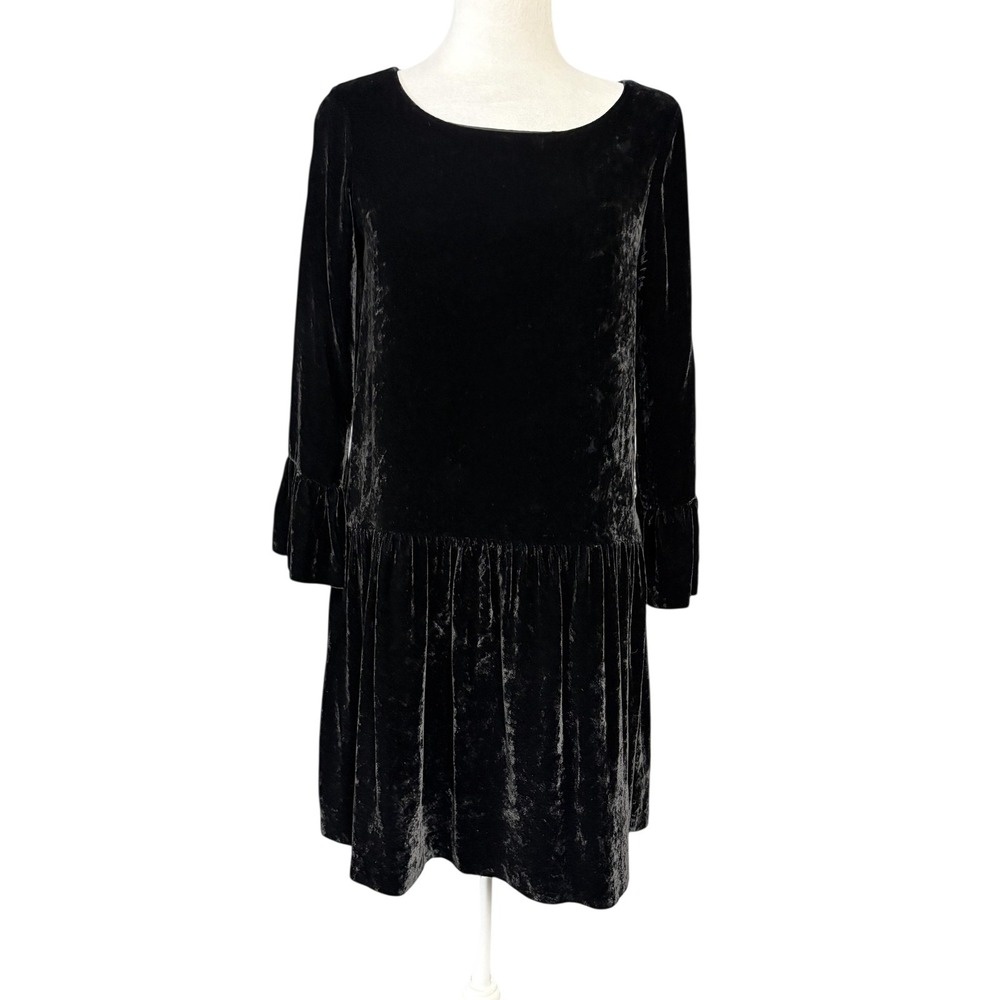 Madewell Dress Womens XS Black Velvet Swing Trapeze Drop Waist 3/4 Bell Sleeve